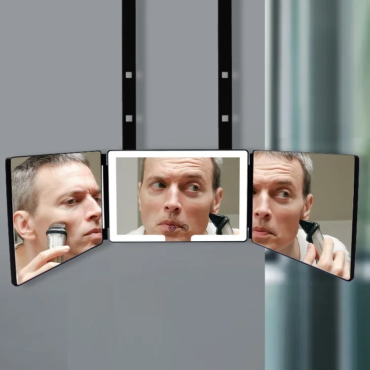 fold 3 way make up mirror 360 hanging mirror self cut hair with led rechargeable light