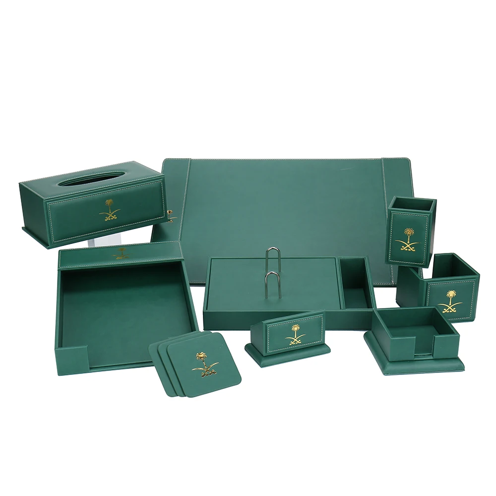 Saudi Arabia Government Executive Office Green Leather 8 Piece Stationery Desk Set Luxury Office Desktop Accessory Organizer Set