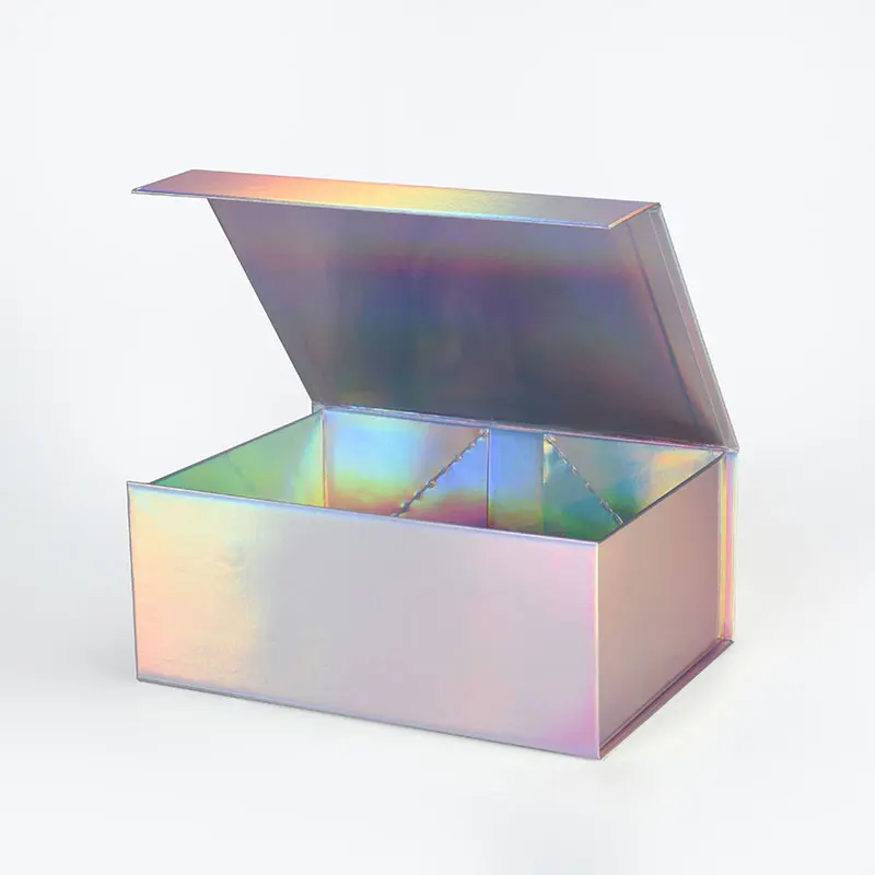 Luxury beautiful holographic folding rigid cardboard magnetic closure lid gift boxes with ribbon