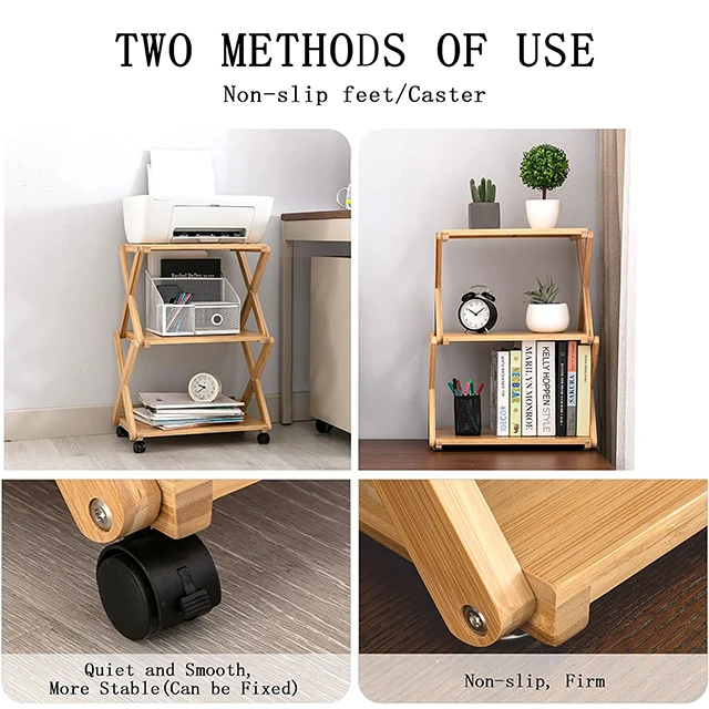 Custom 3-Tier Printer Cart Side Table with 4 wheels Bamboo Desk Organizer Anti-Skid Home Office Organization Under Desk Shelf