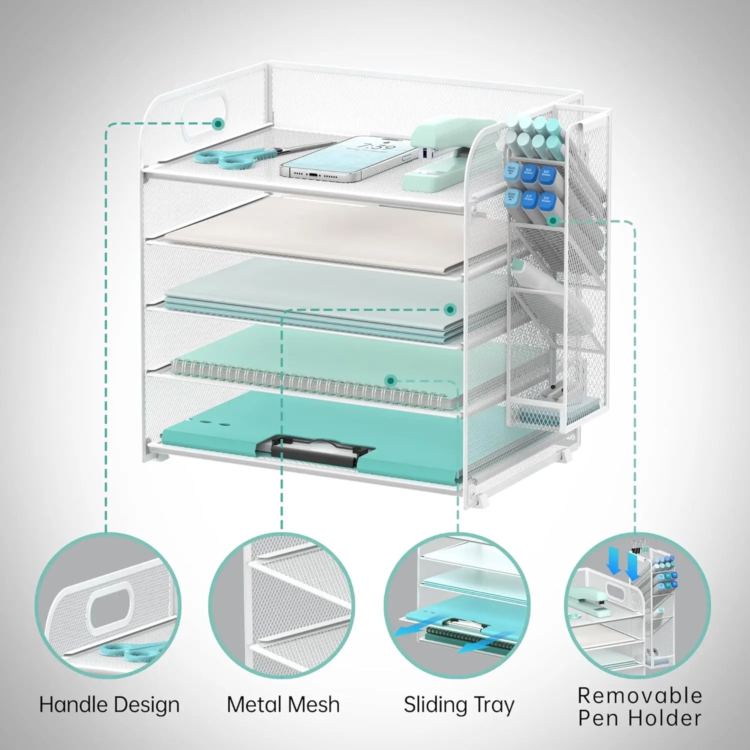 Office Supplies  White Metal Mesh 5 Tier Desk Organizer with Handle & Removable Pen Holders, Paper Letter Tray Organizer