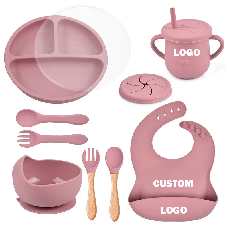 THEONE 9 pcs OEM Suction BPA Free Silicone Baby Eating Dinner Feeding Set Kit With Spoon Bibs Bowl Plate Sippy Cup