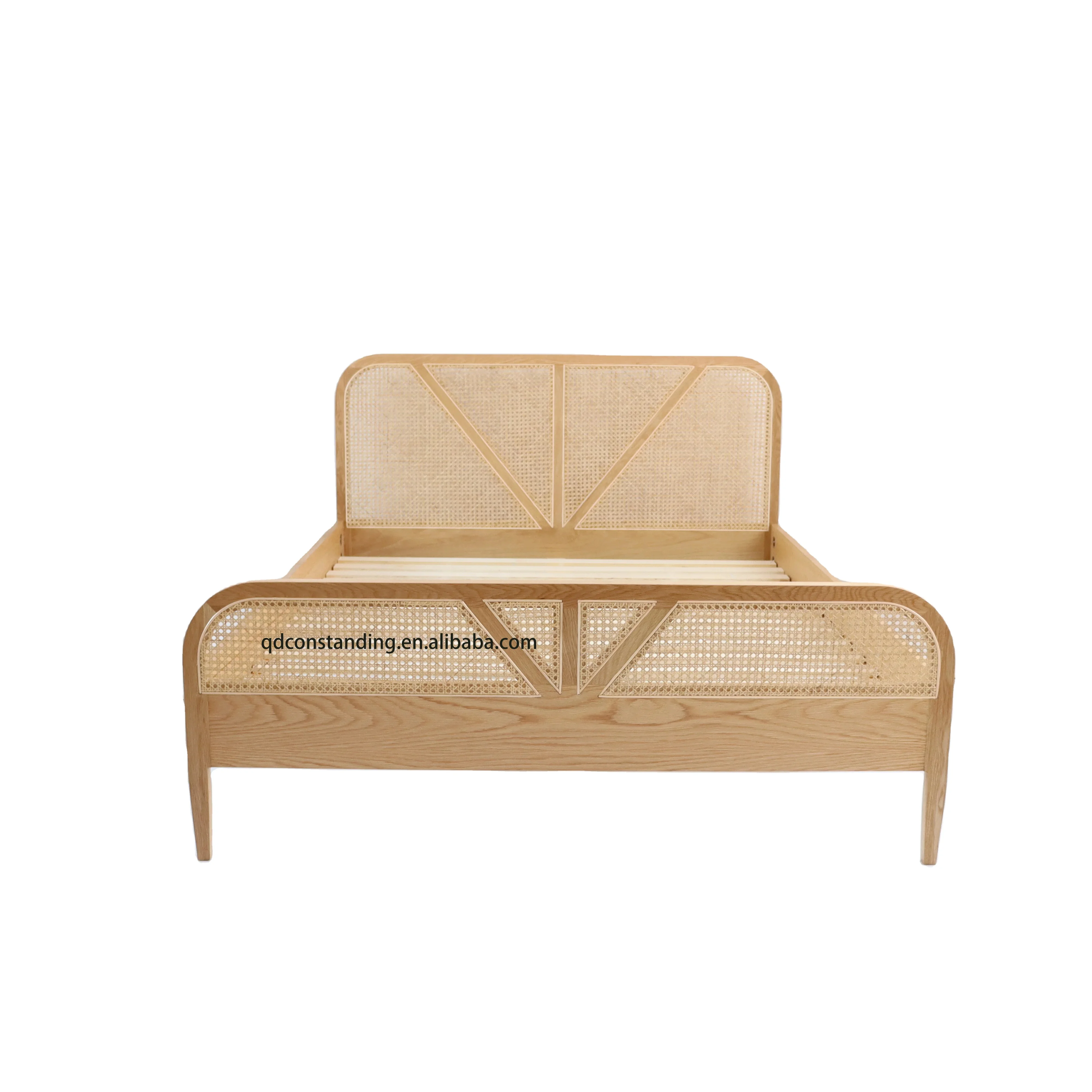 OEM ODM Customized bedroom luxury modern hotel Double Luxury Queen king size Solid oak frame Rattan Headboard Wooden Bed
