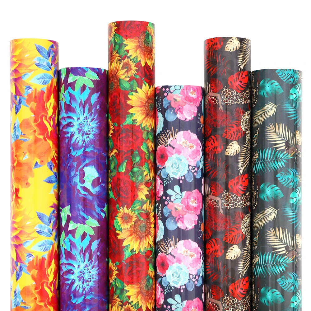 20inx1Yard custom logo printed sunflowers peony rose floral patterned vinyl heat transfer clothing roll on garments