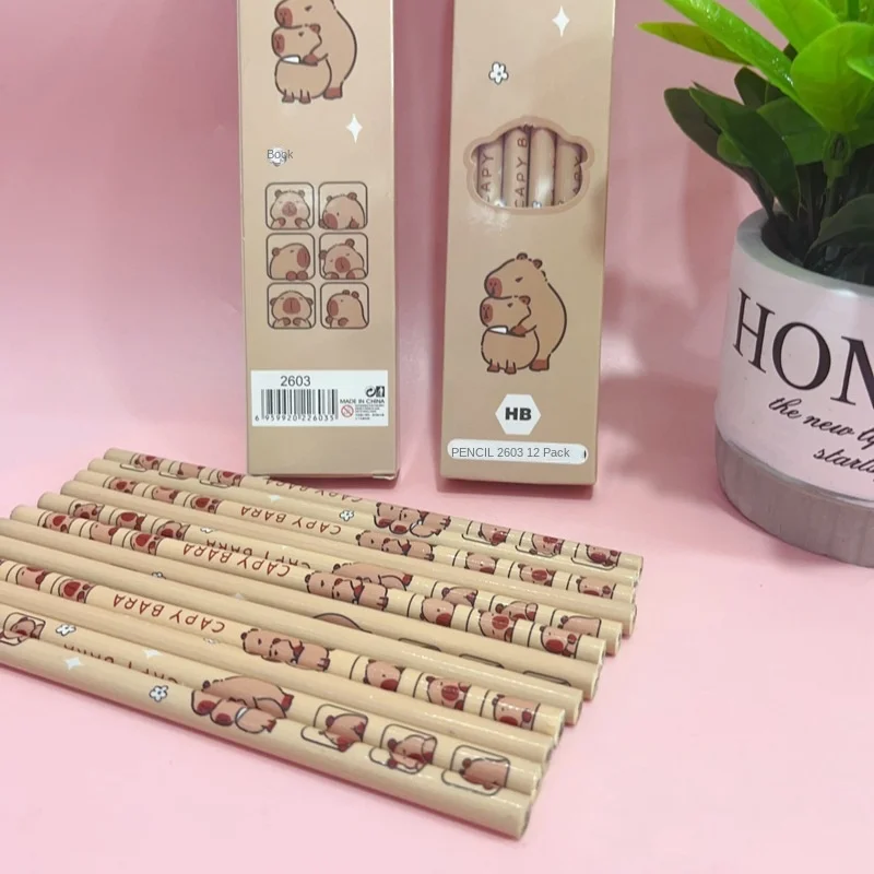 12-Pack Cartoon Capybara Wooden Pencil Set for Students 2B  Hardness Lead for School Supplies