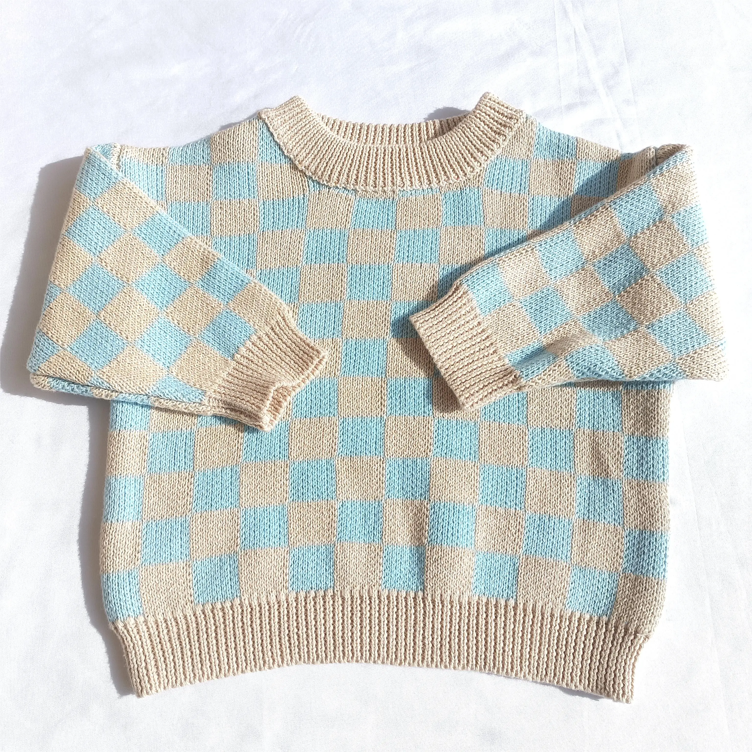 Hot Selling Winter Casual 100% Cotton OEM Customized Plaid Knitted Sweater For Baby