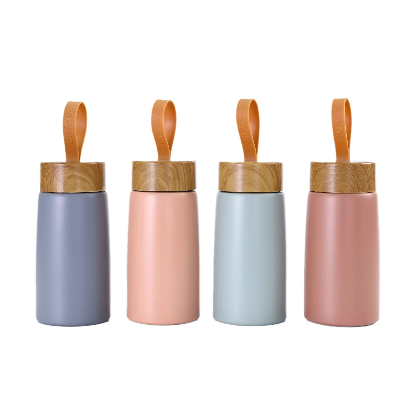 Mini pocket vacuum insulated 304 double wall stainless steel 280ml water bottle flask with wooden lid with silicone handgrip