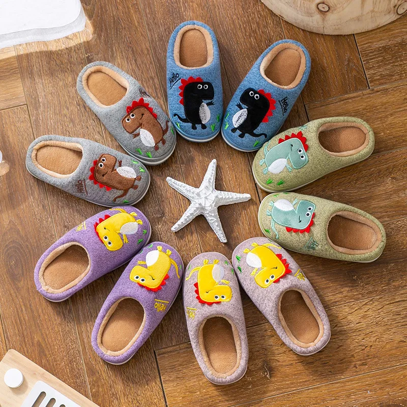 
2020 New Cartoon Cute Dinosaur Fuzzy Winter Household Bedroom Children Shoes Girls Toddler Plush Kids Slippers 