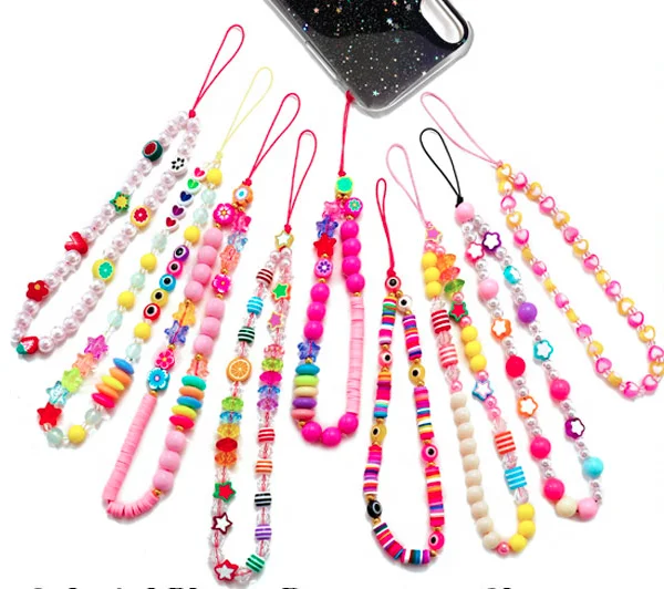 Zuowen 2021 popular HANDMADE Colorful Cute Smiley Face Fruit Pearl Clay Beads Phone Charm Strap, Lanyard Wrist Strap Phone Chain