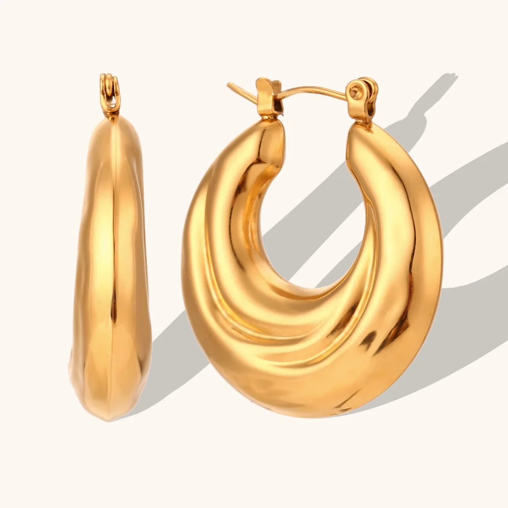 Simple 18K Gold Plated Stainless Steel Ear Buckle Jewelry Accessories Ocean Wave Vortex Pattern Hollow Hoop Earrings