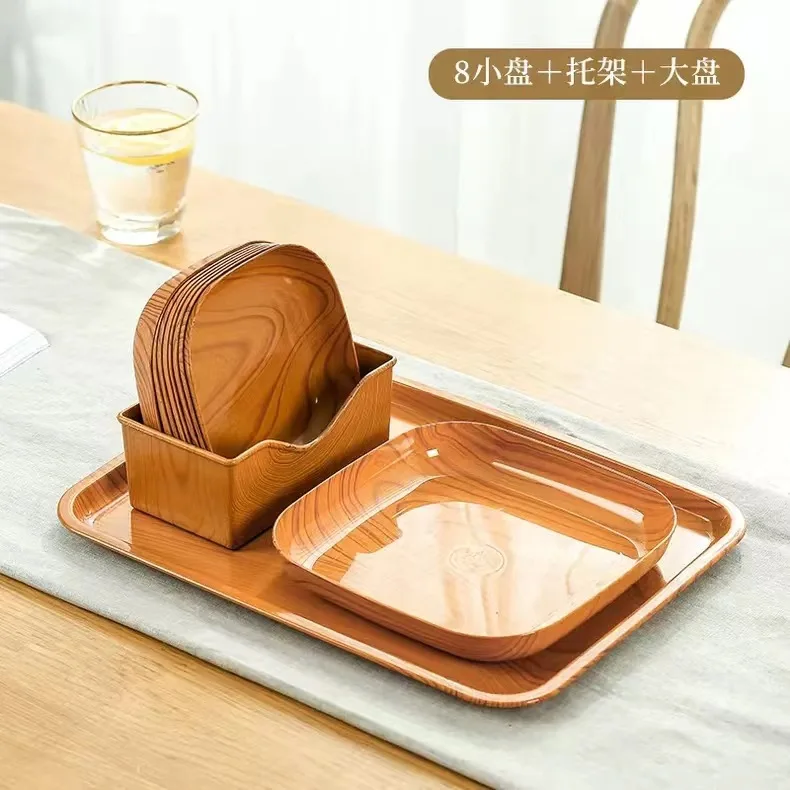 Chinese Style Melamine Wood Grain Square Bone Spitting Plate Snack Dried Fruit Cake Tray Utensils for Serving and Serving