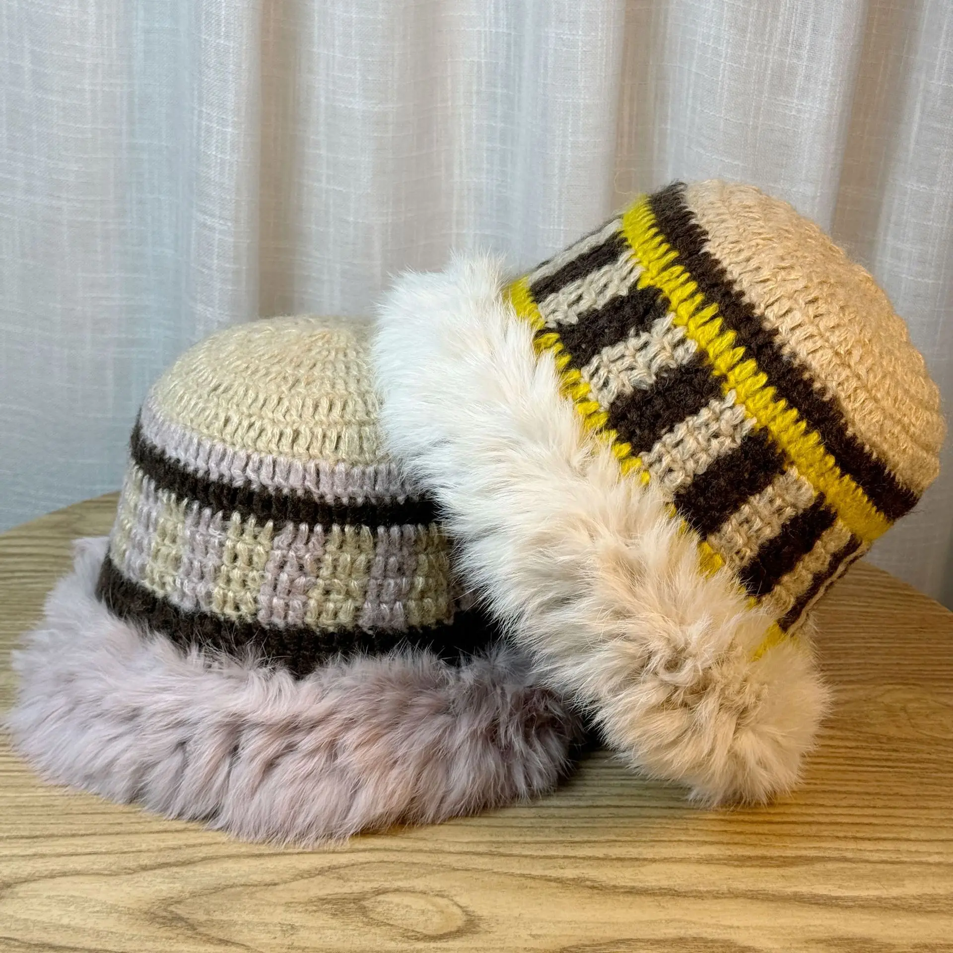 Designer Female Winter Warm Knitted Hat with Cute Rabbit Fur Colorful Beanie for Women Fluffy Outdoor Hat for Beach Wear