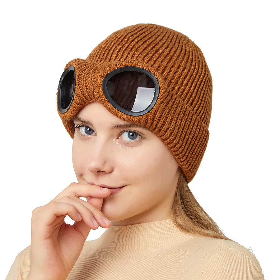 Autumn Winter Men and Women Cashmere Knitted Ski Windproof Glasses Warm Woolen Hat