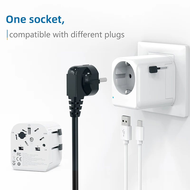 Earth pin EU to World travel adapter with PD and QC 20watts charging ports, type C E F shuko covverter adaptor
