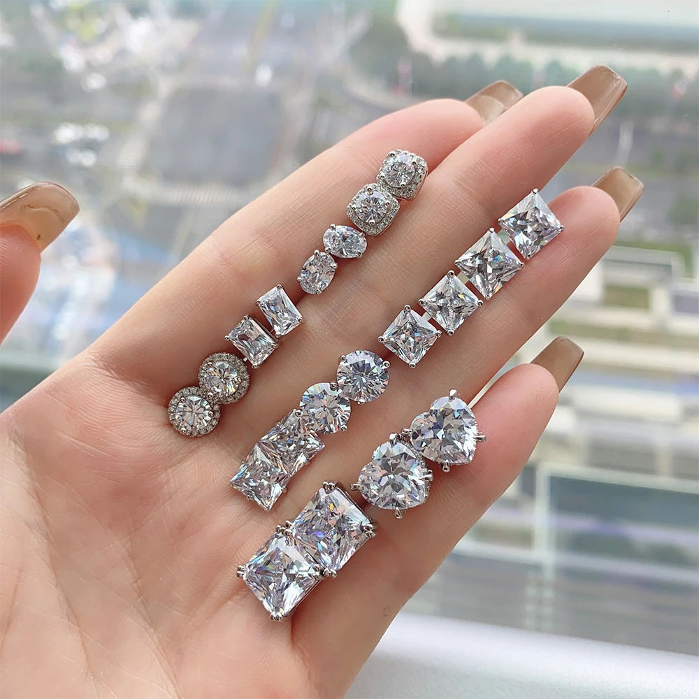 2024 TOP PICK Valentine Day Anniversary Gift S925 Silver Rhodium Plated Heart Square Round Diamond 5A Zirconia Stud Earrings