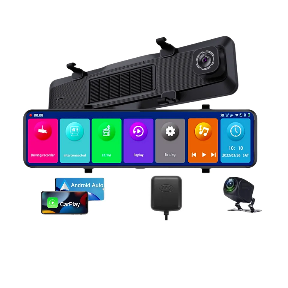 4K 12 Inch Android auto apple carplay Rearview Mirror Car Dvr 2160P Touch Screen Dash Cam Video Recorder With AUX BT  WIFI GPS