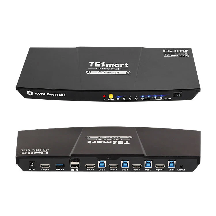TESmart 4 Port HDM KVM Switch Support 8K 30HZ USB 3.0 Ports HDCP 2.3 L/R Audio Output HDMI KVM Switcher Selector Box