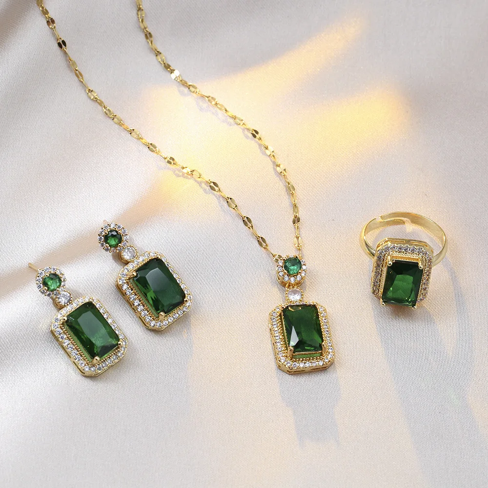 Fashion Hot Selling Emerald Zircon Crystal Necklace Ring Earrings Vintage Stainless Steel Jewelry Set For Women