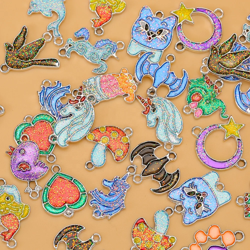 Mixed Animal Glitter Unicorn Elephant Alloy Enamel Charms For Necklace Jewelry Making Cat Pendant DIY Handmade Accessories