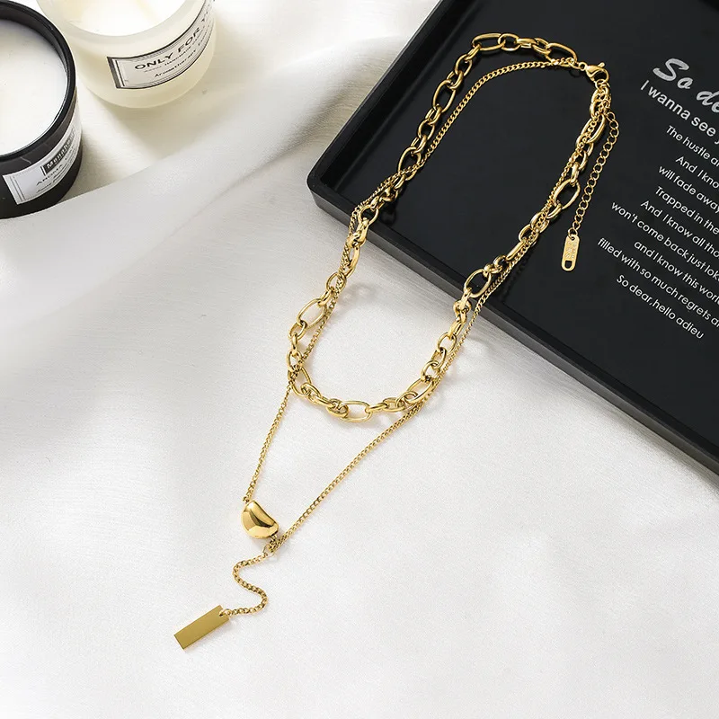 Korean Titanium Steel Necklaces Unique Bean Geometric Rectangle Tassel Pendants Double Layered Necklace for Women Jewelry