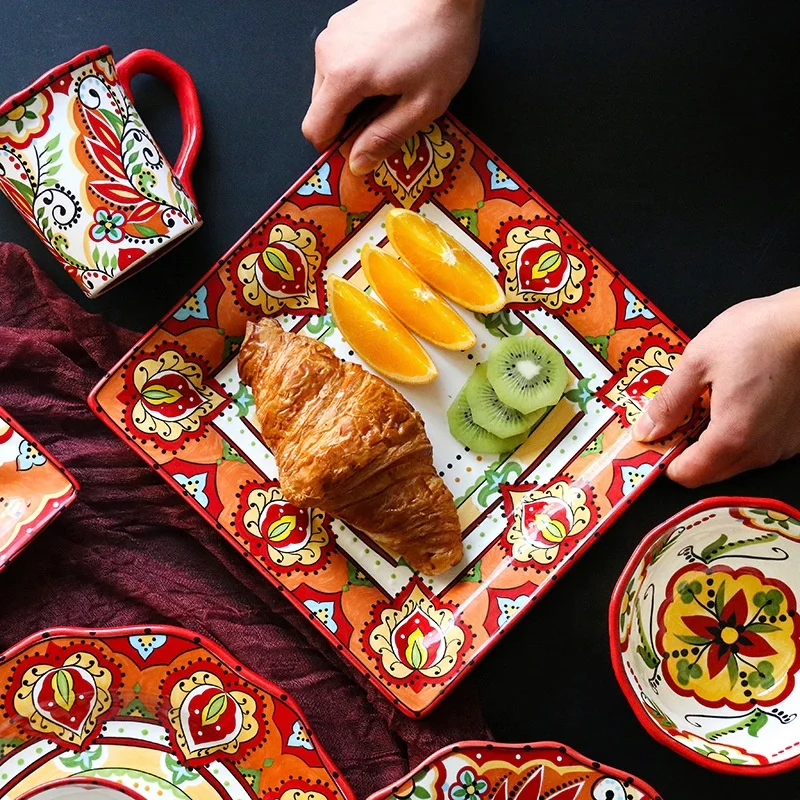 High Quality Ceramic Dinnerware Sets Bohemia Flower Pattern Hand Paint Ceramic Cup Floral Set Dinner Plates Ceramic Tableware