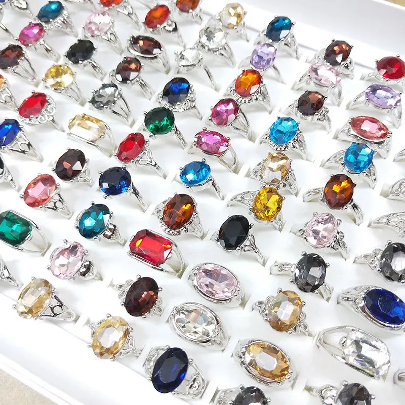 Mixed Stained Glass Crystal Gemstone Ladies Ring Classic Style Alloy Jewelry for Parties and Gifts Wholesale