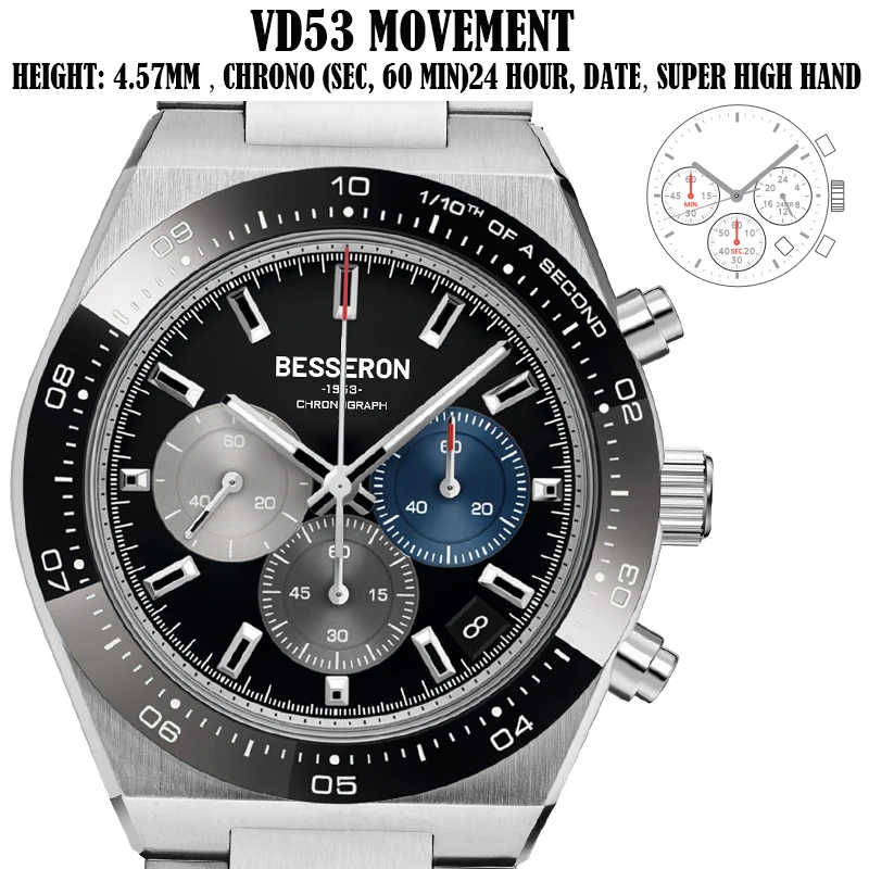 Multifunctional Three Eyes Cadran Montre Black Waterproof High-end Business chronograph Quartz Watch Japan Vd53 Movement Watch