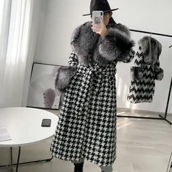 Fox fur coat women long thousand bird check woolen overcoat fashion style