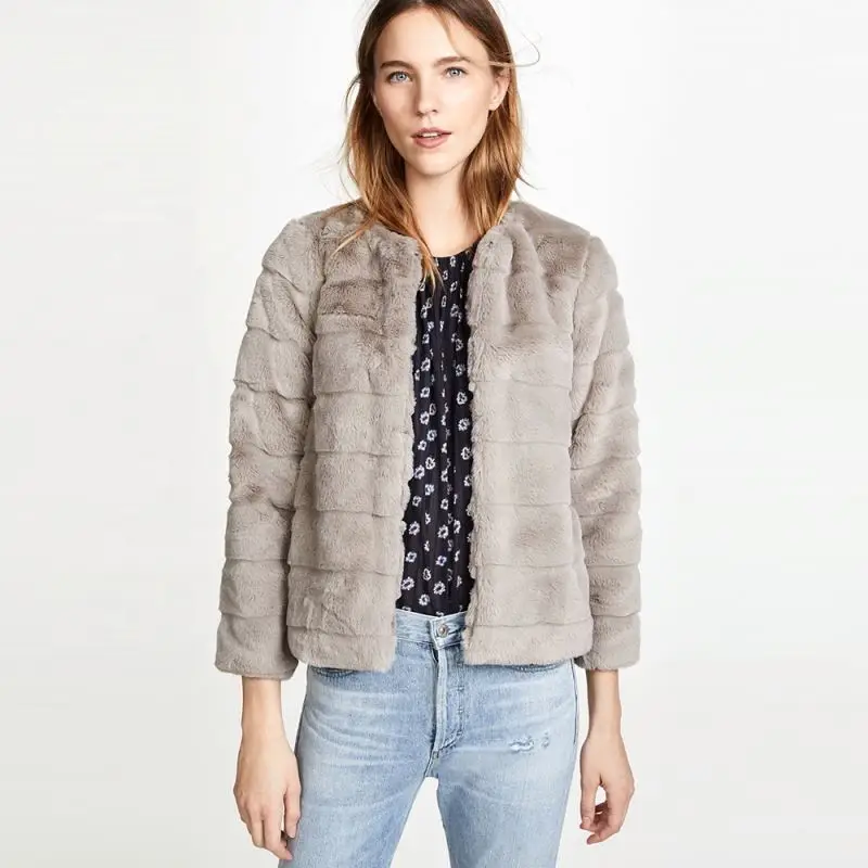 High quality new design o-neck collar open stitch cutting lined grey faux fur slim fit short mink fur coat women winter