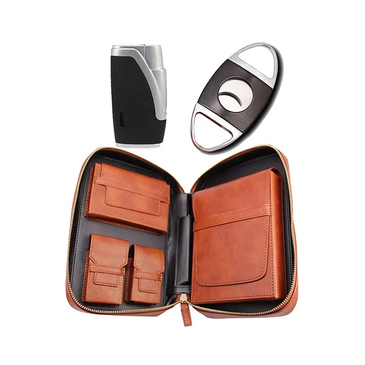 Portable multi-function brown leather cedar wood lined 5 holder travel cigar case with  cutter and lighter storage