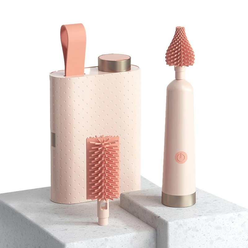 2023 New Hot Selling Long Electric Baby Bottle Brush Set Bottle Cleaner Brush - Electric TPR Silicone Pink Hand Cleaning Brush