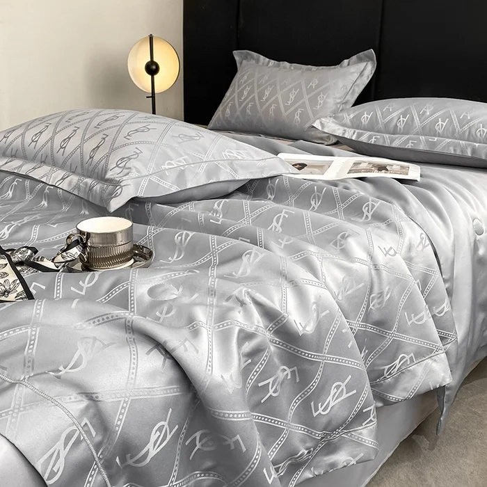 Luxury Brand Washed Tencel Quilt Sets for Summer Solid Silk-like Letter Striped Bedding Quilts King Queen Size 4-in-1