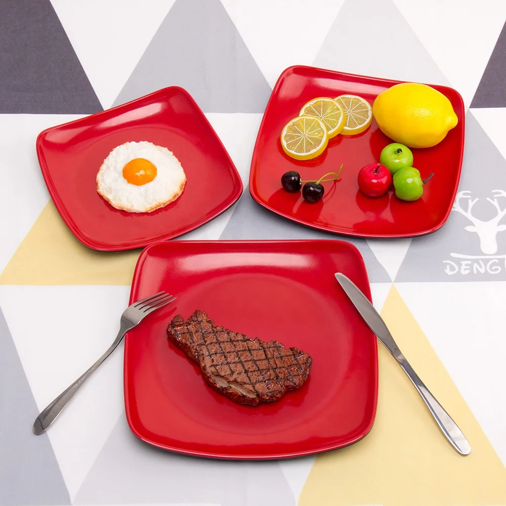 Restaurant Melamine Tableware Black and Red Square Corner Plate Melamine Plastic Western Plate