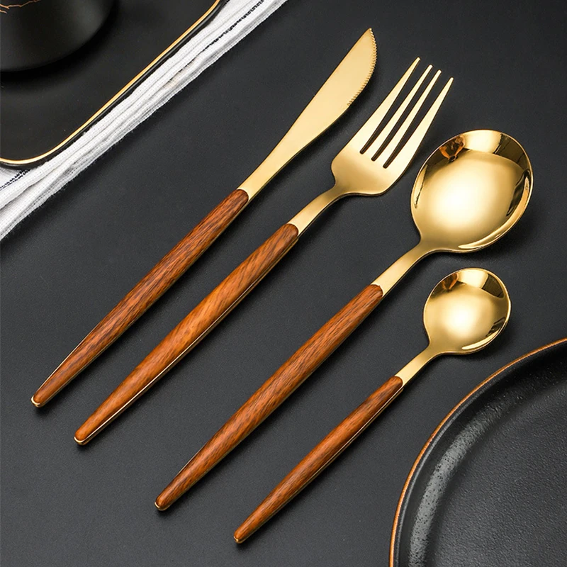 Hongda 430 Flatware Spoon Fork Knife Stainless Steel Wooden Plating Handle Cutlery Set