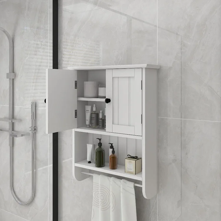 Customize Wall Mounted Cabinet Solid Wood Wall Storage Organizer Cosmetic Shower Gel Storage Cabinet With Towels Bar