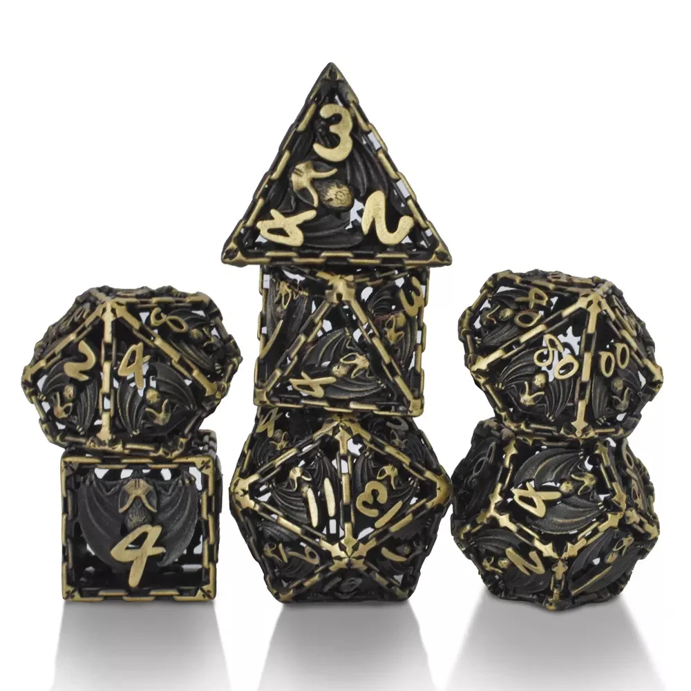 Black Edge with bat design 7 PCS Dragon Scale Metallic DND Dice for hollow D&D Game Metal dice