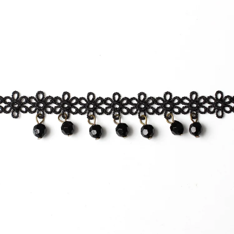 Hot Selling Vintage Black Lace Velvet Beaded Necklace Chokers Black Fabric Bead Charm Choker Women