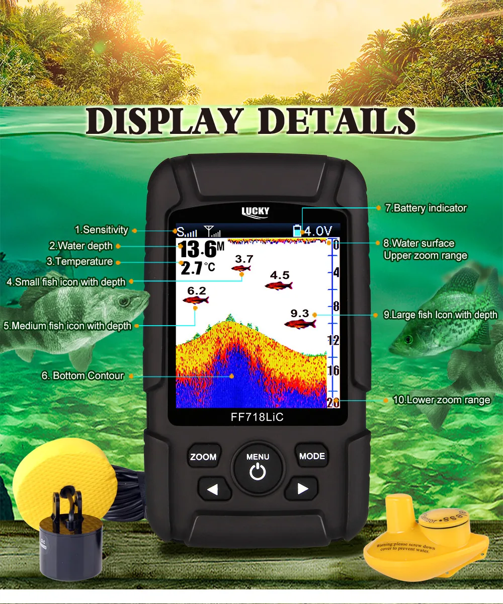 Portable Wireless and Wired Fish Finders Fishing Sonar Detector with Swarm Detection Capability