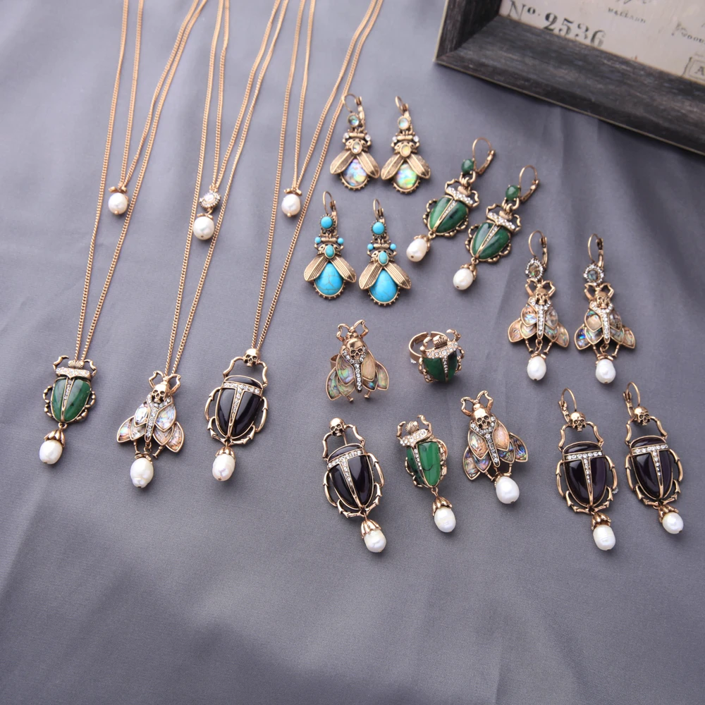 2023 Retro Gold Scarab Insect Ladybug Beetle Halloween Crystal Freshwater Pearl Ladybug Necklace Bangle Ring Brooch Jewelry Set