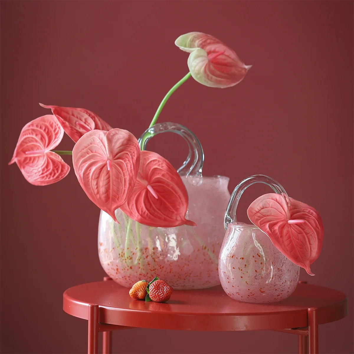 Bixuan Mouth-blown Art Glass Vase Handbag Bucket Flower Arrangement Vase Table Decor Centerpiece Pink Ceramic Powder Glass Vases