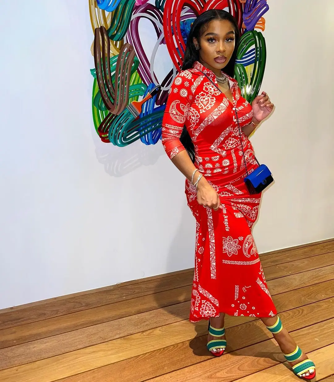 2022 Hot Sell Spring Summer Dresses Women Elegant Casual Bandana Floral Print Dress Long Sleeve Fit and Flare Boho Maxi Dress