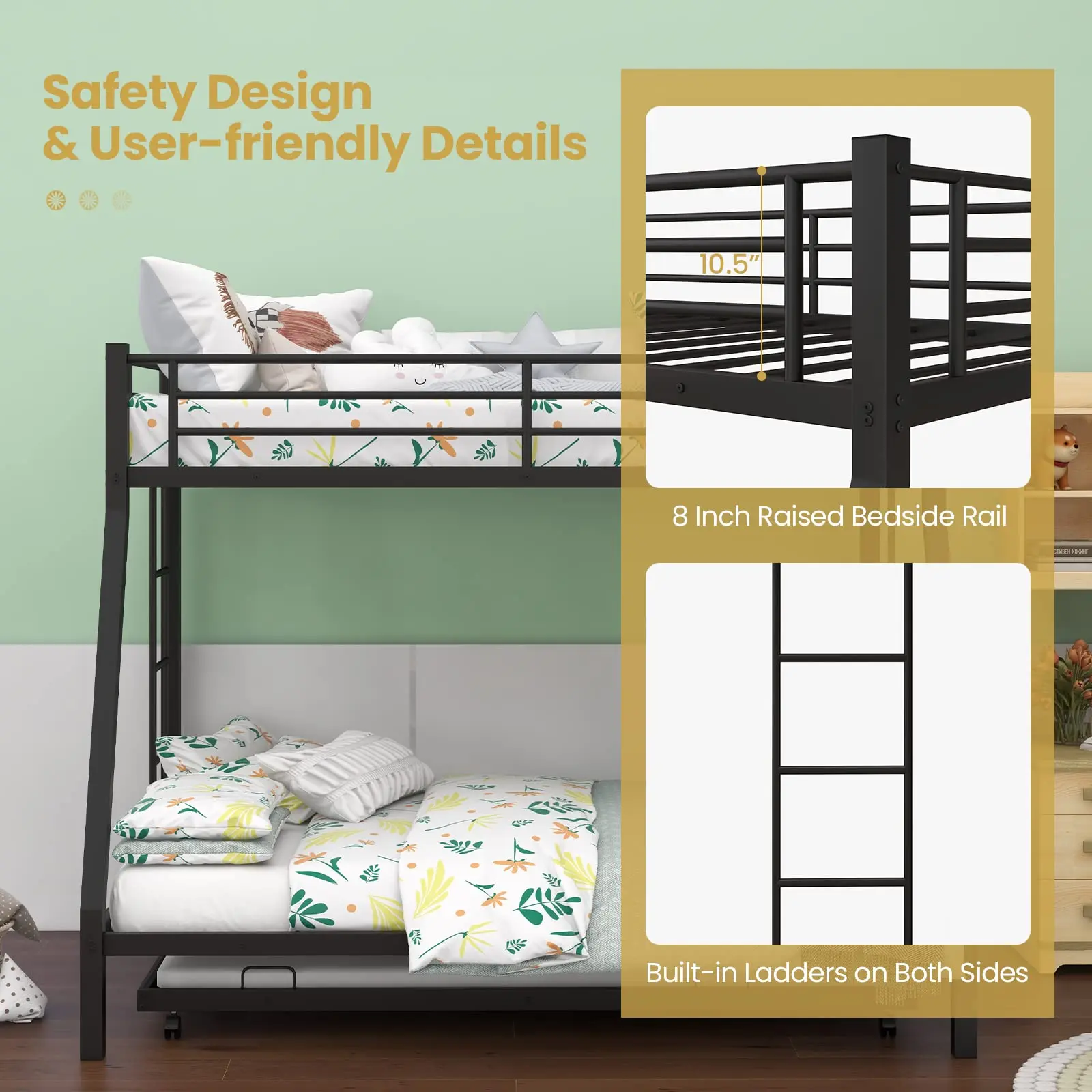 Bunk Bed with Trundle Heavy-Duty Metal Triple Bunk Beds w/Two Side Ladders & Safety Guard Rail