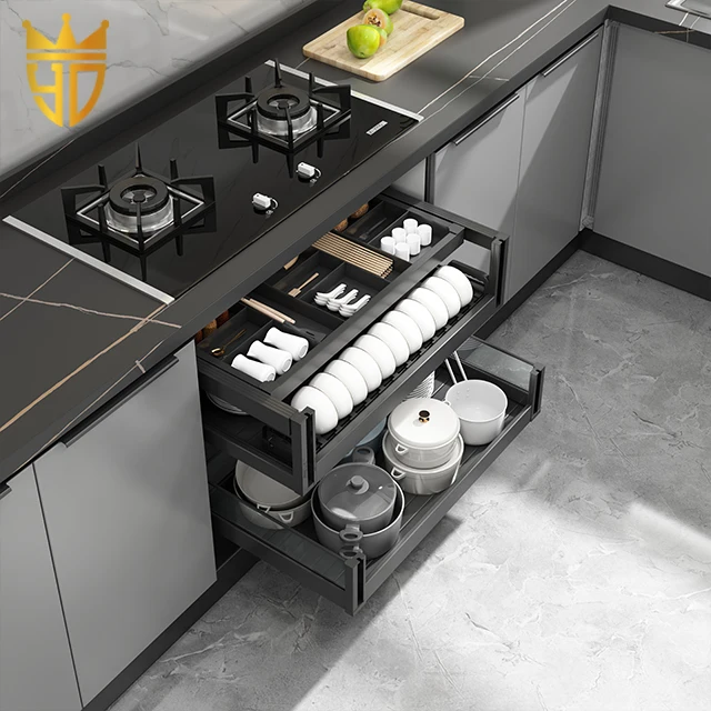 Aluminum Alloy Cabinet Pull Out Basket Drawer with Soft Close Function 2 Tier Kitchen