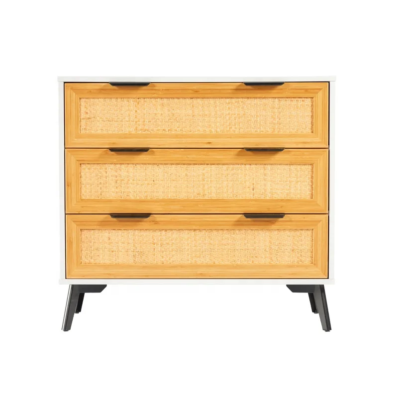 Bedside Table Nightstand Unit Cabinet 3-Drawer Rattan Bedside Table