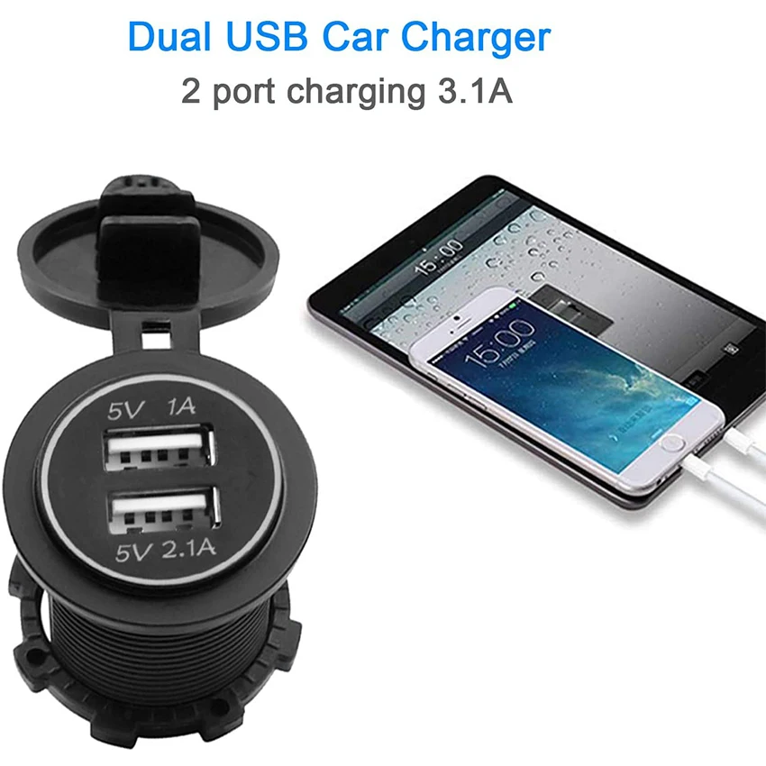 waterproof dc 12 volt power outlet 5v3.1a car charger with LED socket dual usb
