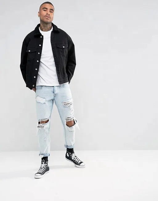 KY Men Jackets and Coats 2023 Clean Borg point  Collar Button Denim Jacket Placket Contrast Jeans Jacket for Men Black