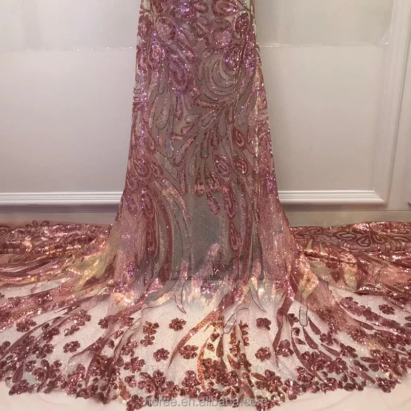 SF002 Wholesale Price OEM Rhinestone Sequin Beaded Fabric Gradient Color African Lace Bridal Fabrics