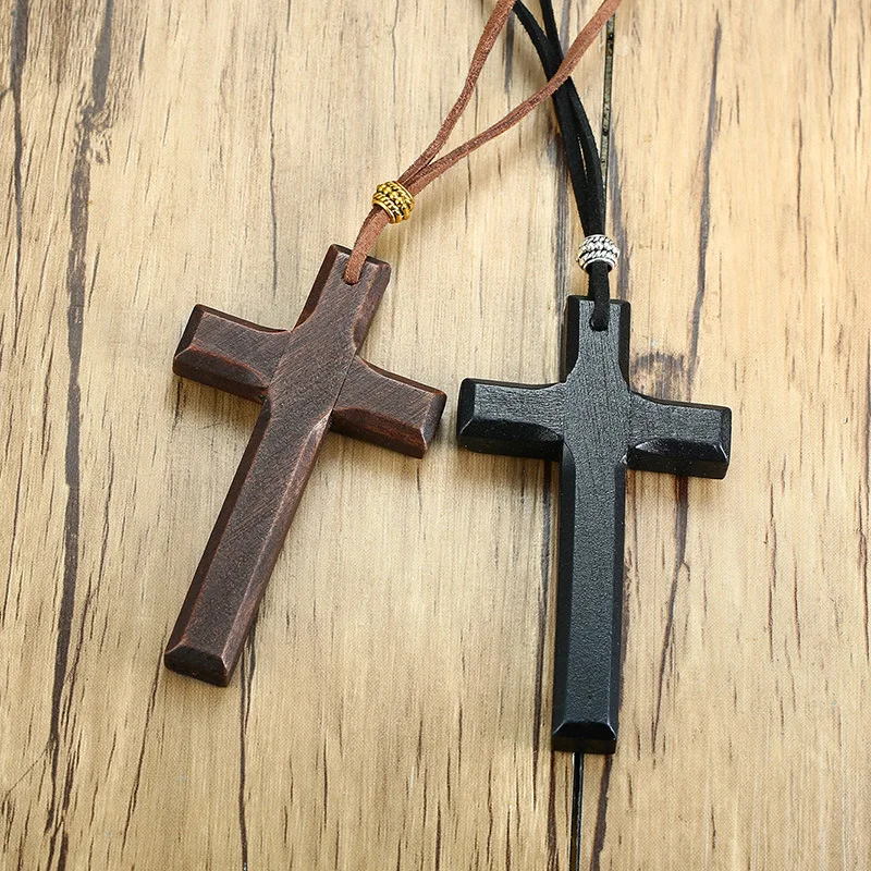 Wholesale Couple Long Cross Pendant Sweater Chain Minimalist Hand Carved Brown Black Wooden Cross Charm Necklace for Women Men