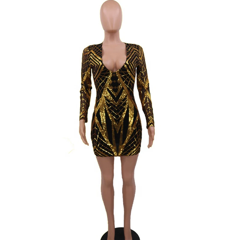 
Wholesale women dresses long sleeve deep V neck low chest super-short gold sequins evening dress 