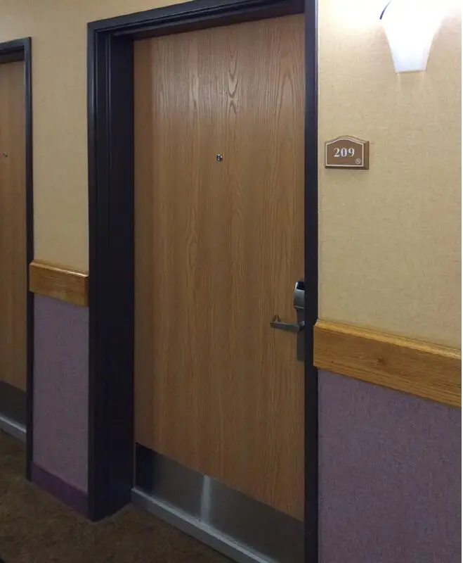 
Laminated door 90 min fire rated wood door with labels for hotel or hospital 